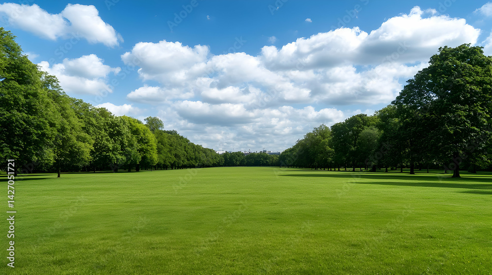 Wide Shot Of Lush Green Meadow With Trees Under Sunny Blue Sky Wide Shot Of Lush Green Meadow With Trees Under Sunny Blue Sky