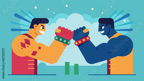 Beads of sweat fly into the air as two competitors collide in a test of strength in the arm wrestling championship.. Vector illustration