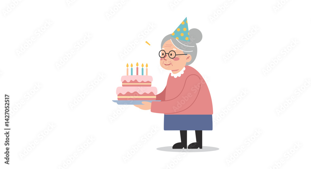 Elderly Woman Celebrating Birthday with Cake and Joyful Background Elderly Woman Celebrating Birthday with Cake and Joyful Background