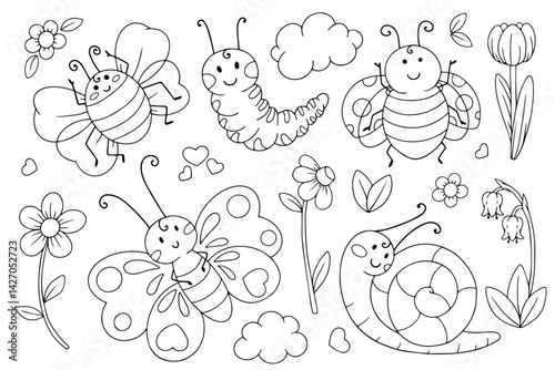 Collection of children's coloring pages of cute characters of insects, flowers, clouds. Vector graphics.