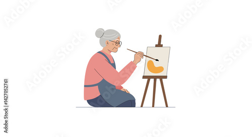 Elderly woman painting on canvas, hobby in a creative setting  