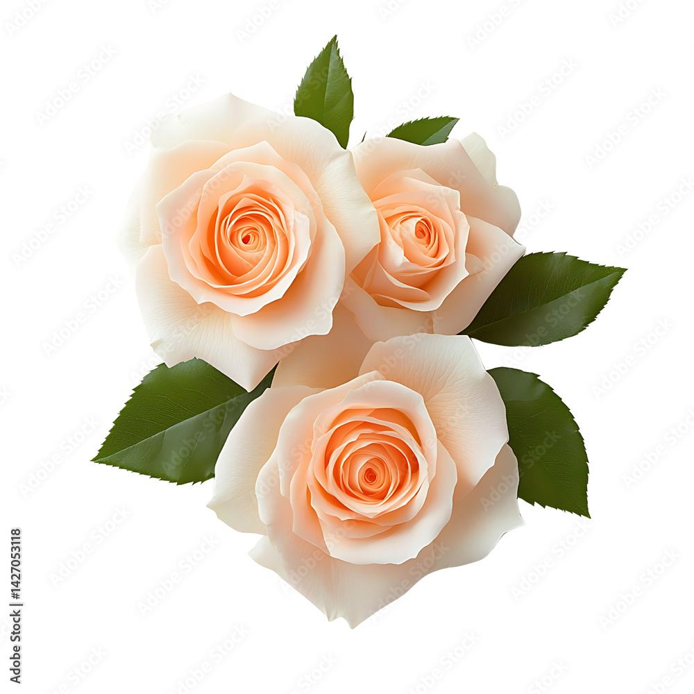 Fototapeta premium Delicate Pink Roses with Green Leaves on a Transparent Background