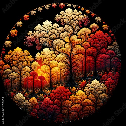 Colorful, fractal-like trees fill a circular composition, creating a mesmerizing pattern. Vibrant hues of red, orange, and yellow give the scene a warm and enchanting feel.  (Gen, A.I.)