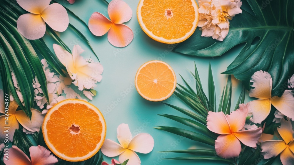 Naklejka premium Tropical fruit and flowers on teal background