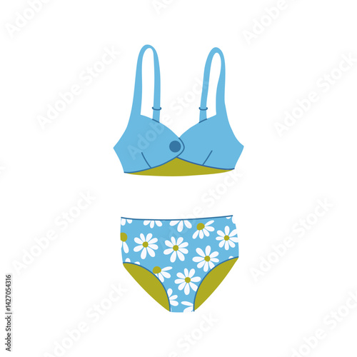 Female two pieces swimsuit retro style. Cute stylish top and high waist panties with daisy flower print. Vintage women beachwear. Hand drawn flat design vector illustration. 