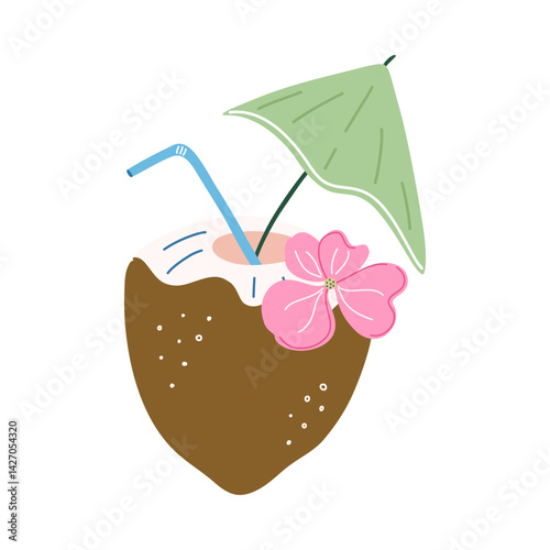  Tropical beach cocktail. Coconut drink with straw, cocktail umbrella and flower. Summer vacation element isolated on transparent background. Hand drawn vector illustration.
