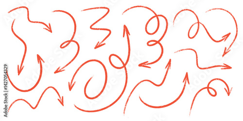 Red marker arrows pack - hand sketched doodle swirls, curved lines, pointers. Chaotic pencil scribbles, artistic design elements set. Chalk grunge style crayon strokes drawings vector illustration.