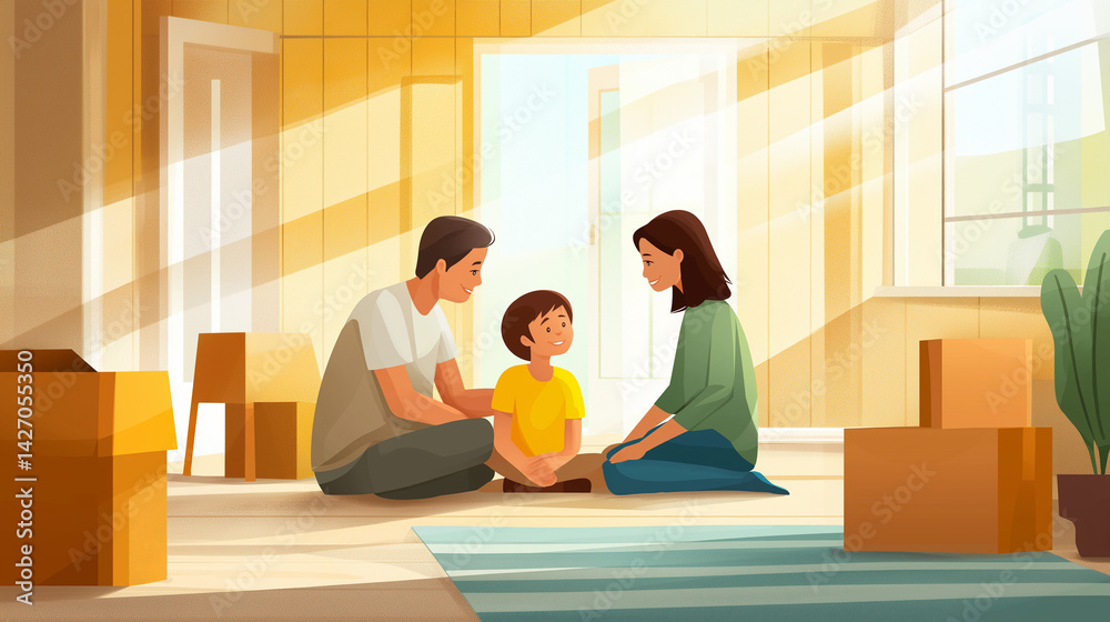 A joyful family unpacking boxes in their new cozy home