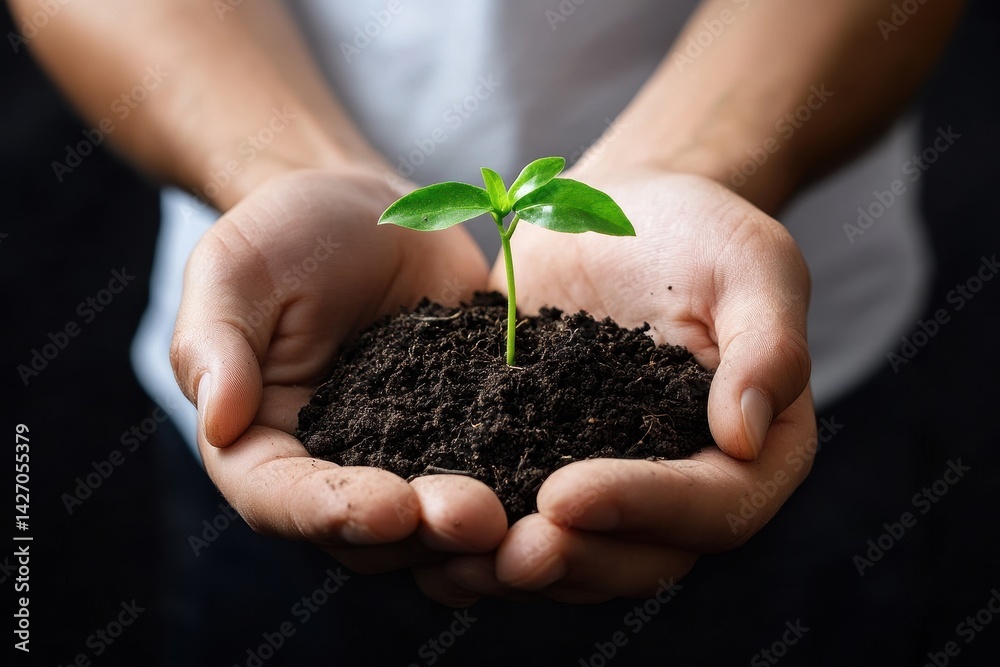 A young sprout held in cupped hands. Small plant emerging from soil A young sprout held in cupped hands. Small plant emerging from soil