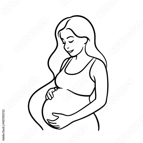 Black silhouette art of a naked pregnant woman and baby illustrates the beauty of motherhood and the symbol of new birth.