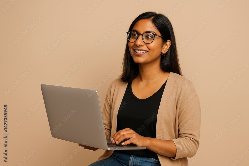 Smiling woman using laptop