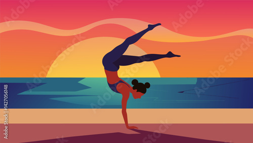 Against the picturesque backdrop of a beach sunset a solo gymnast astounds the crowd with a gravitydefying floor routine her flips and twists. Vector illustration
