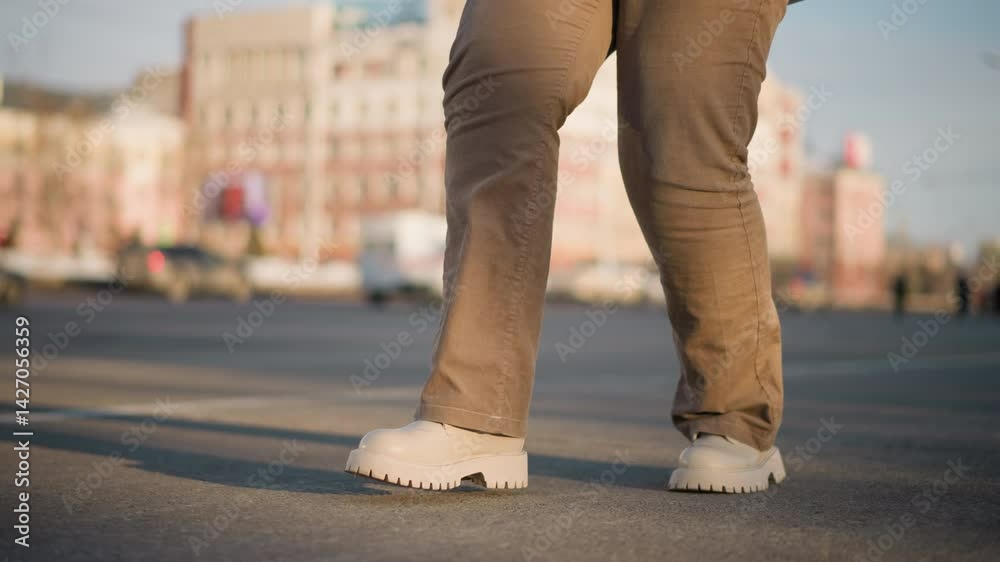 Leg view of youth dancing rhythmically on wet tiled pavement with melting snow edges, scattering water droplets through precise steps, reflecting urban winter mood under soft morning sunlight Leg view of youth dancing rhythmically on wet tiled pavement with melting snow edges, scattering water droplets through precise steps, reflecting urban winter mood under soft morning sunlight