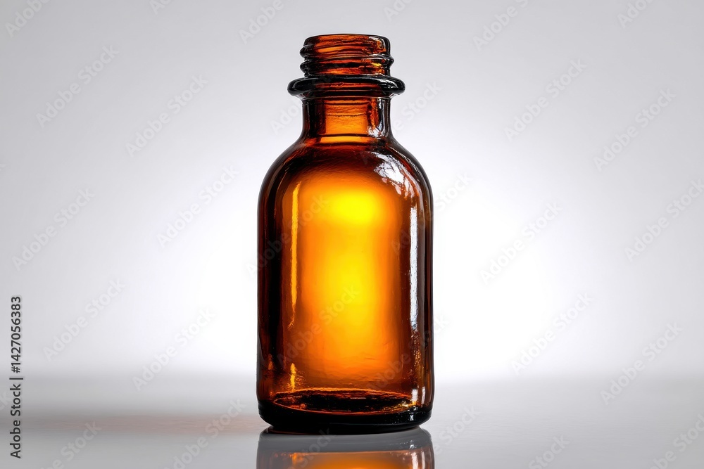 Studio shot of an amber-colored glass bottle with reflective surface on light backdrop, suitable for liquid or pharmacy products, with clear contours and warm tones. Studio shot of an amber-colored glass bottle with reflective surface on light backdrop, suitable for liquid or pharmacy products, with clear contours and warm tones.