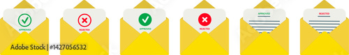 Approvals and rejections. Yellow envelopes with red and green stamps. Letter confirming the decision. Vector illustration.