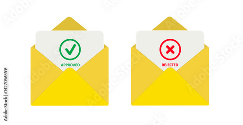 Approvals and rejections. Yellow envelopes with red and green stamps. Letter confirming the decision. Vector illustration.