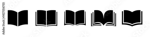 Set of silhouette icons of open books with paper pages.
Vector illustration.