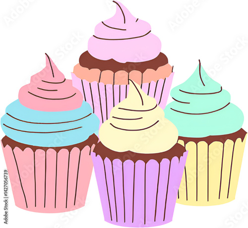 Colorful Cartoon Cupcakes with Swirled Frosting on a Black Background