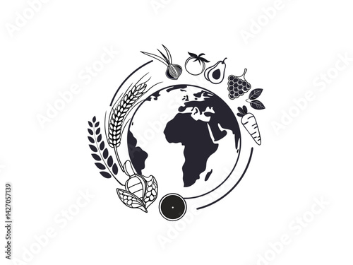 World Food Day, World Food Day graphic with bread and earth,  A stylized graphic for World Food Day, featuring a loaf of bread, wheat, and a globe.  Silhouetted figure holding bread and wheat, celebra