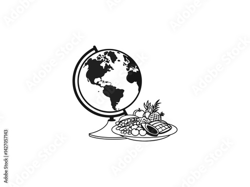Global Food, A World of Culinary Delights, International food day, A stylized illustration of a globe with a plate of various foods, suggesting global cuisine and international food experiences.