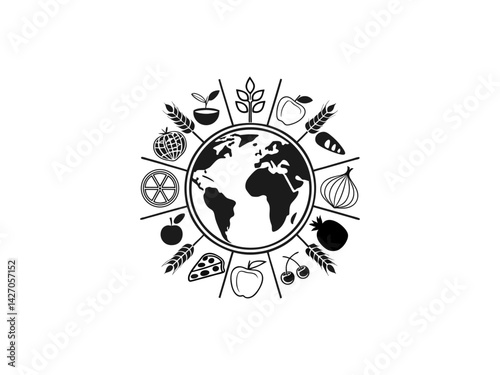 Global Food Diversity Depicted on a World Map, World food day,  A black and white graphic of the Earth surrounded by various fruits, vegetables, and grains, representing global food diversity.