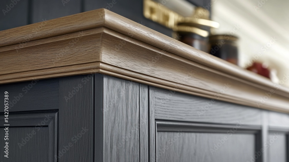 Fototapeta premium Detailed close-up of a dark gray kitchen countertop and cabinetry.