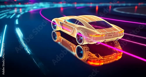 Futuristic car racing on neon-lit urban track
