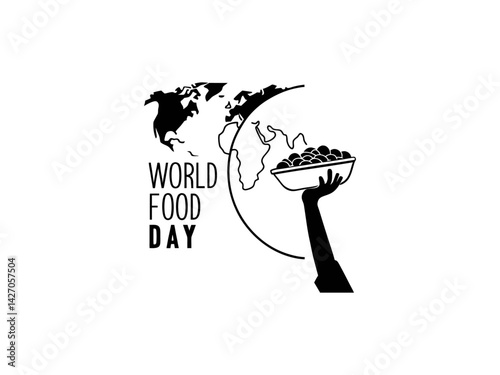 World Food Day illustration featuring a farmer delivering food., This black and white silhouette image depicts a farmer carrying a food container, symbolizing the delivery of sustenance.  Hands Offeri