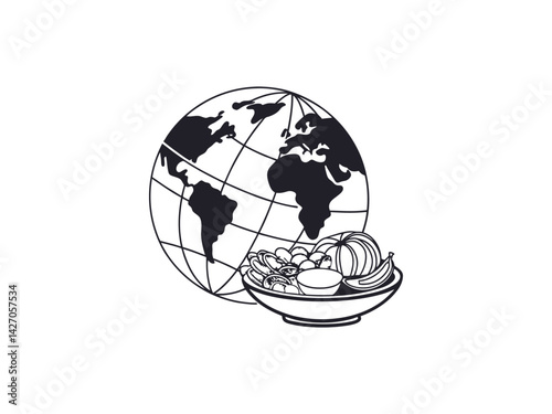 Global Food, A World of Culinary Delights, International food day, A stylized illustration of a globe with a plate of various foods, suggesting global cuisine and international food experiences.