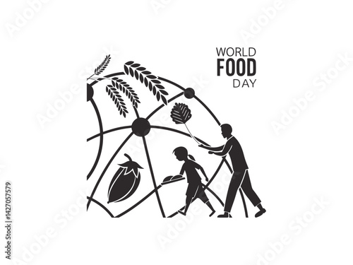 World Food Day illustration featuring a farmer delivering food., This black and white silhouette image depicts a farmer carrying a food container, symbolizing the delivery of sustenance.  Hands Offeri