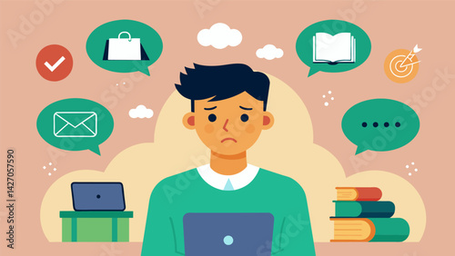 A student shares their struggles and frustrations with their social media followers seeking advice and support as they navigate the overwhelming. Vector illustration