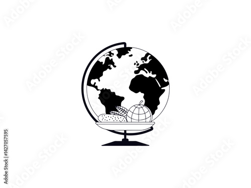 Global Food, A World of Culinary Delights, International food day, A stylized illustration of a globe with a plate of various foods, suggesting global cuisine and international food experiences.