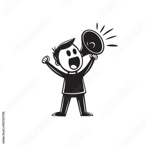 Happy cartoon character yelling through megaphone vector illustration