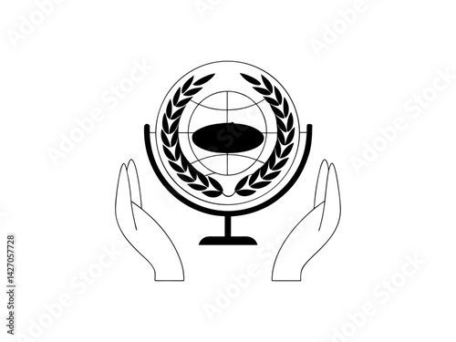 World Food Day Global Celebration Icon, Simple black and white line art icon of a globe with the text "WORLD FOOD DAY" and a plate of food underneath. Food day,.