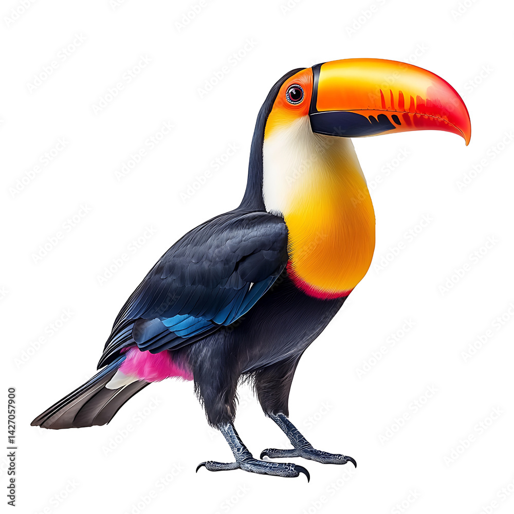 Obraz premium Vibrant Toucan Bird Perched with Colorful Beak Against Plain Background