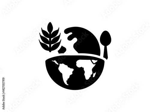 Global Sustainable Food Icon. Food logo,  A symbolic illustration of global food security. A stylized, black and white graphic of a world map nestled within a plate with a fork and knife.