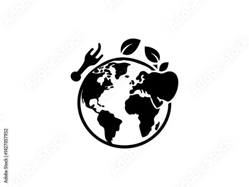 Global Sustainable Food Icon. Food logo,  A symbolic illustration of global food security. A stylized, black and white graphic of a world map nestled within a plate with a fork and knife.