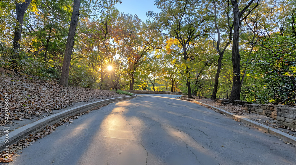 Fototapeta premium Sunlit Pathway Through Autumn Woods