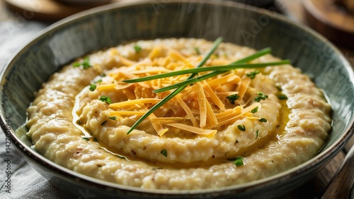Extreme close-up of grits, creamy ground corn cooked to a smooth texture with butter or cheese.