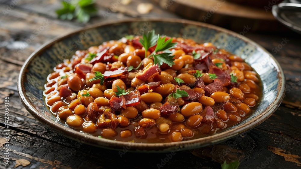 Extreme close-up of baked beans, slow-cooked beans in a sweet and tangy sauce with bacon or ham.