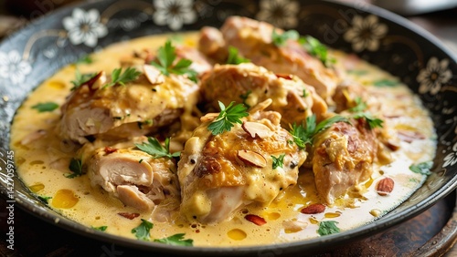 Extreme close-up of chicken in egg and almond sauce, tender chicken pieces cooked in a creamy, rich sauce made from eggs and almonds.