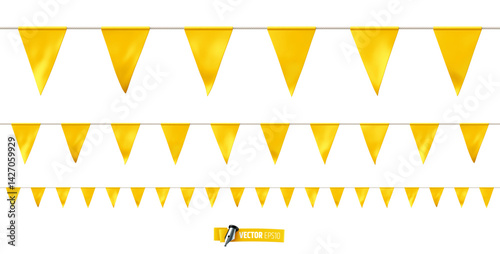Vector realistic illustration of yellow pennant garland on a white background.