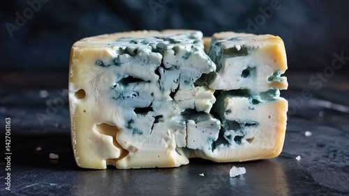 Extreme close-up of Dorset blue Vinney, strong blue cheese from Dorset, crumbly texture. photo