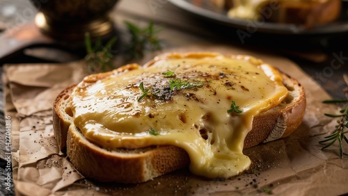 Extreme close-up of Welsh rarebit, toast topped with a savory cheese sauce, grilled.