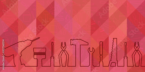 Professional handyman services. Vector banner template with drill, wrench, hammer  silhouette on polygonal Viva Magenta background .  Repair tools for your web site design, app, UI. EPS10.