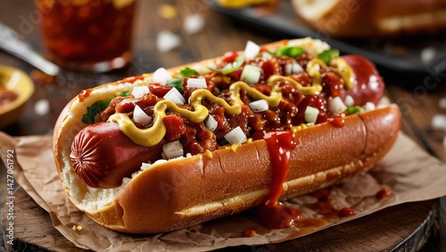 Extreme close-up of coney, hot dog topped with chili, onions, and mustard.