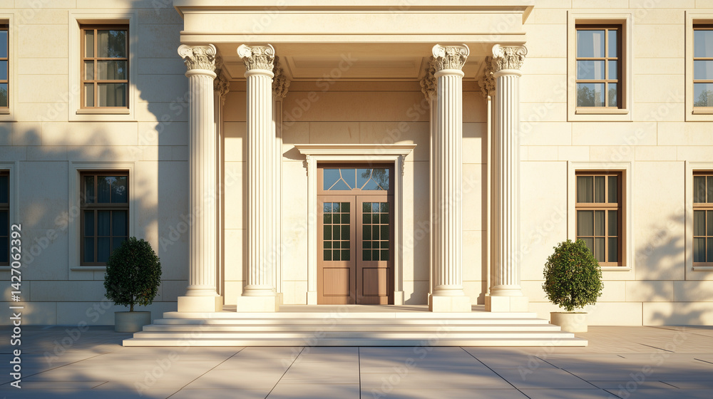 Obraz premium Museum entrance with classical columns in warm sunlight