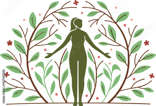 Nature Embrace Woman Silhouette with Leaves and Flowers