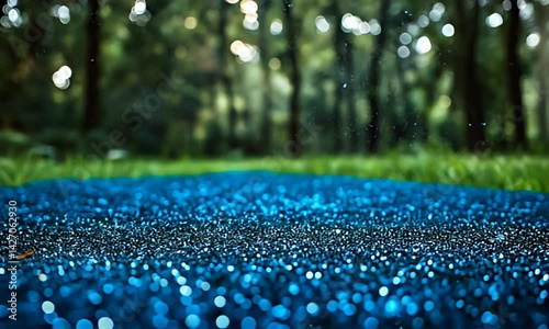 Glistening blue surface before a blurred forest backdrop