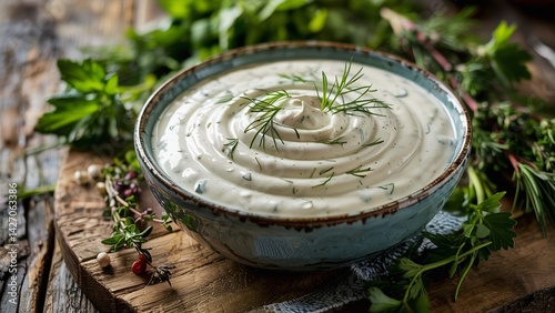 Extreme close-up of cool, creamy ranch dressing in a country-style bowl, surrounded by fresh herbs.